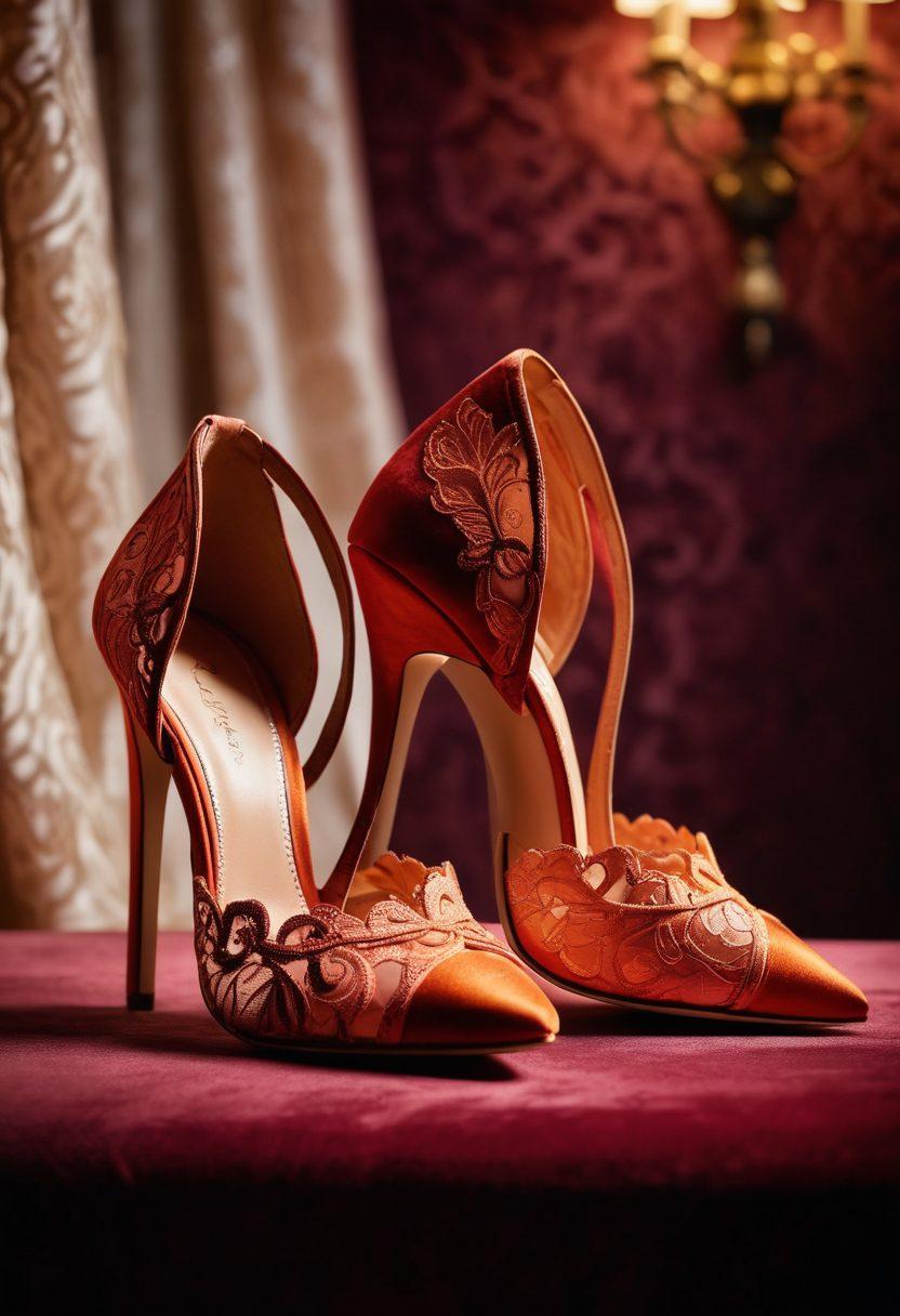 A close-up shot of an elegantly designed pair of stiletto heels resting on a luxurious velvet surface, with delicate lace and silk pieces subtly surrounding them. In the background, a soft focus on silhouettes of fashionable figures engaging in a stylish ambiance, hinting at sensuality and allure. The lighting casts a warm glow, highlighting the curves and textures of the shoes. glamourous, sophisticated vibes. super-realistic. vibrant colors.