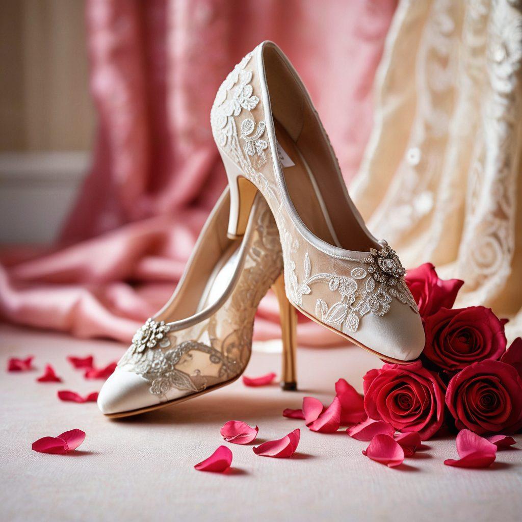 A close-up view of elegantly designed sensual footwear, intricately adorned with lace and jewels, positioned on a satin fabric backdrop that hints at romance. The lighting casts seductive shadows, emphasizing the curves of the shoes, while delicate rose petals scatter around. In the background, a faint silhouette of a dancer suggests movement and allure. super-realistic. vibrant colors. soft-focus.